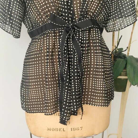 AXCESS Size 14 Semi See Through Black and White Polka Dots Polyester Waisted Top - Picture 9 of 13